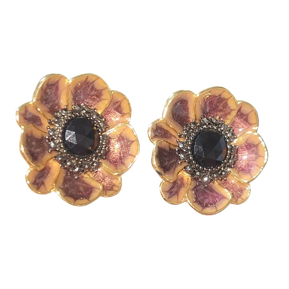 Alana Stewart Vintage Gold Tone Purple Enamel Black‎ Crystal Flower Earring